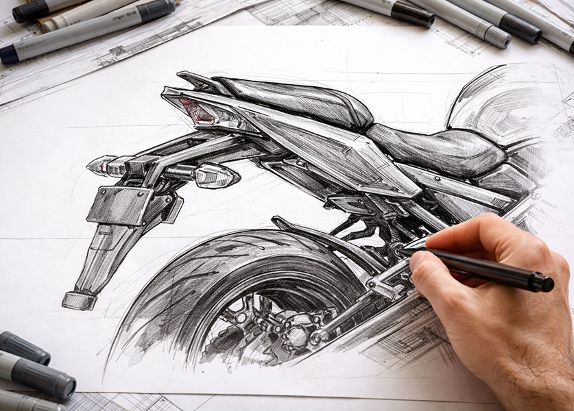Motorcycle design sketches defining proportions and intent at WELOS studio